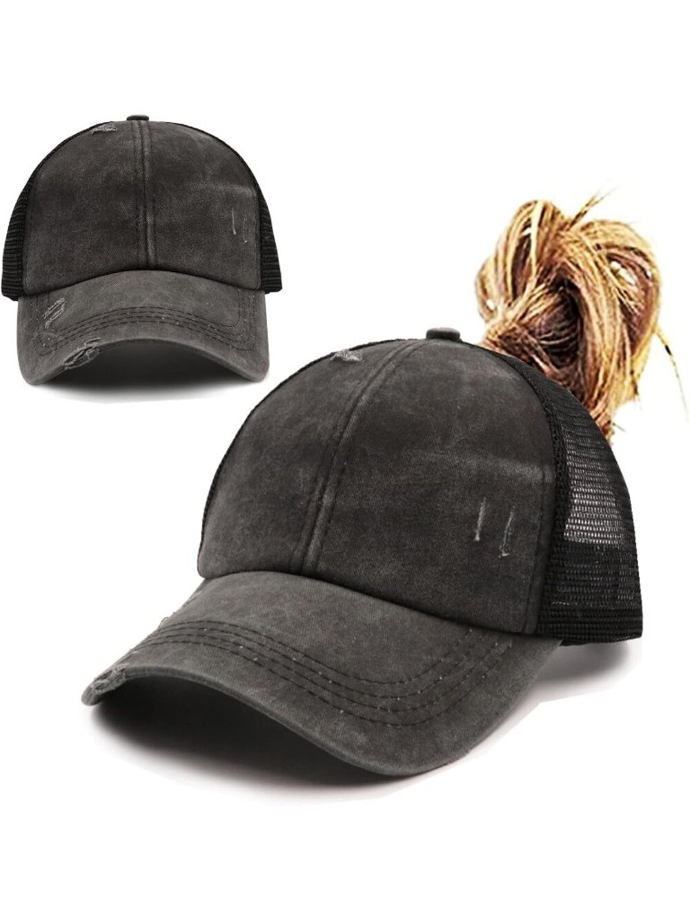 〽️Women 2 Black High Ponytail Baseball Cap Trucker Bad Hair Day Adjustable